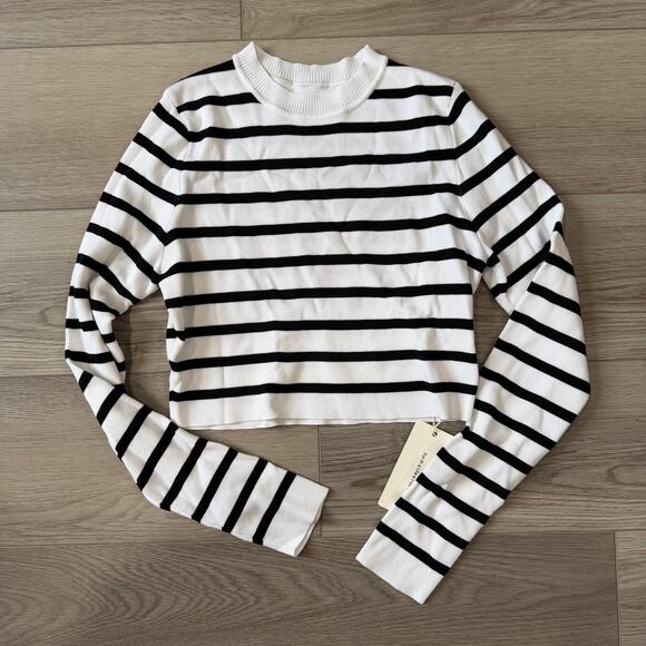 Commense Striped Casual Strech Crop Bodycon Knit Top Black White Stripe L - Picture 2 of 6